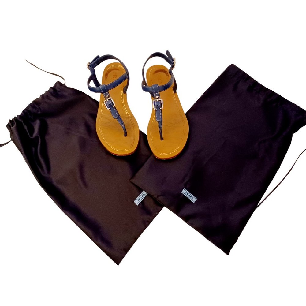 Prada Blue Leather Ankle Strap Size 35.5 Sandals With Dust Bags